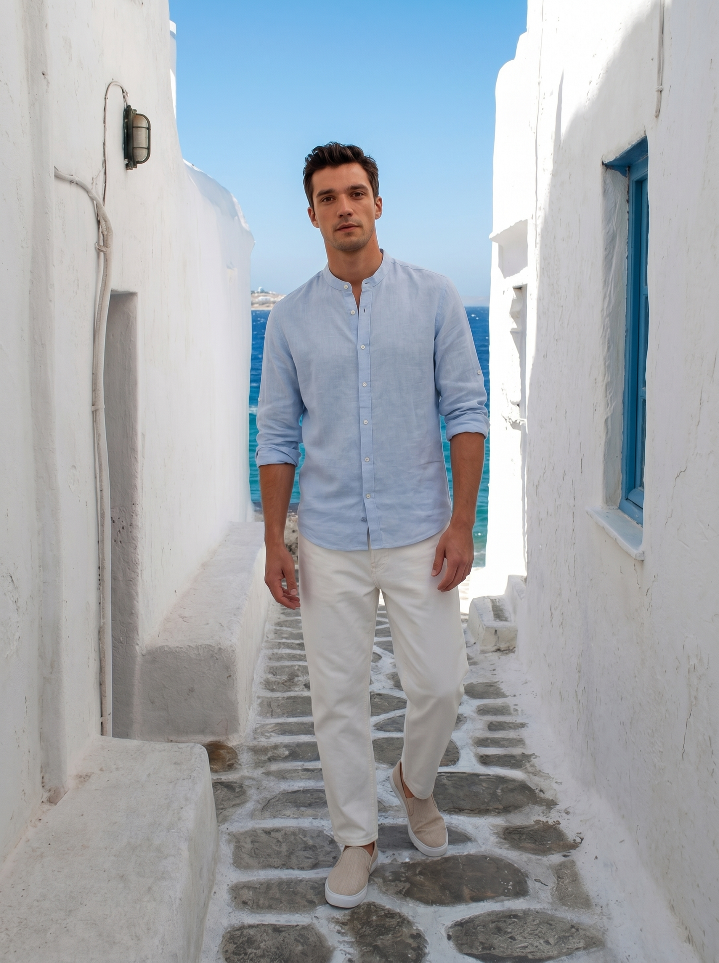 Man's 100% linen korean collar shirt - Sky blue