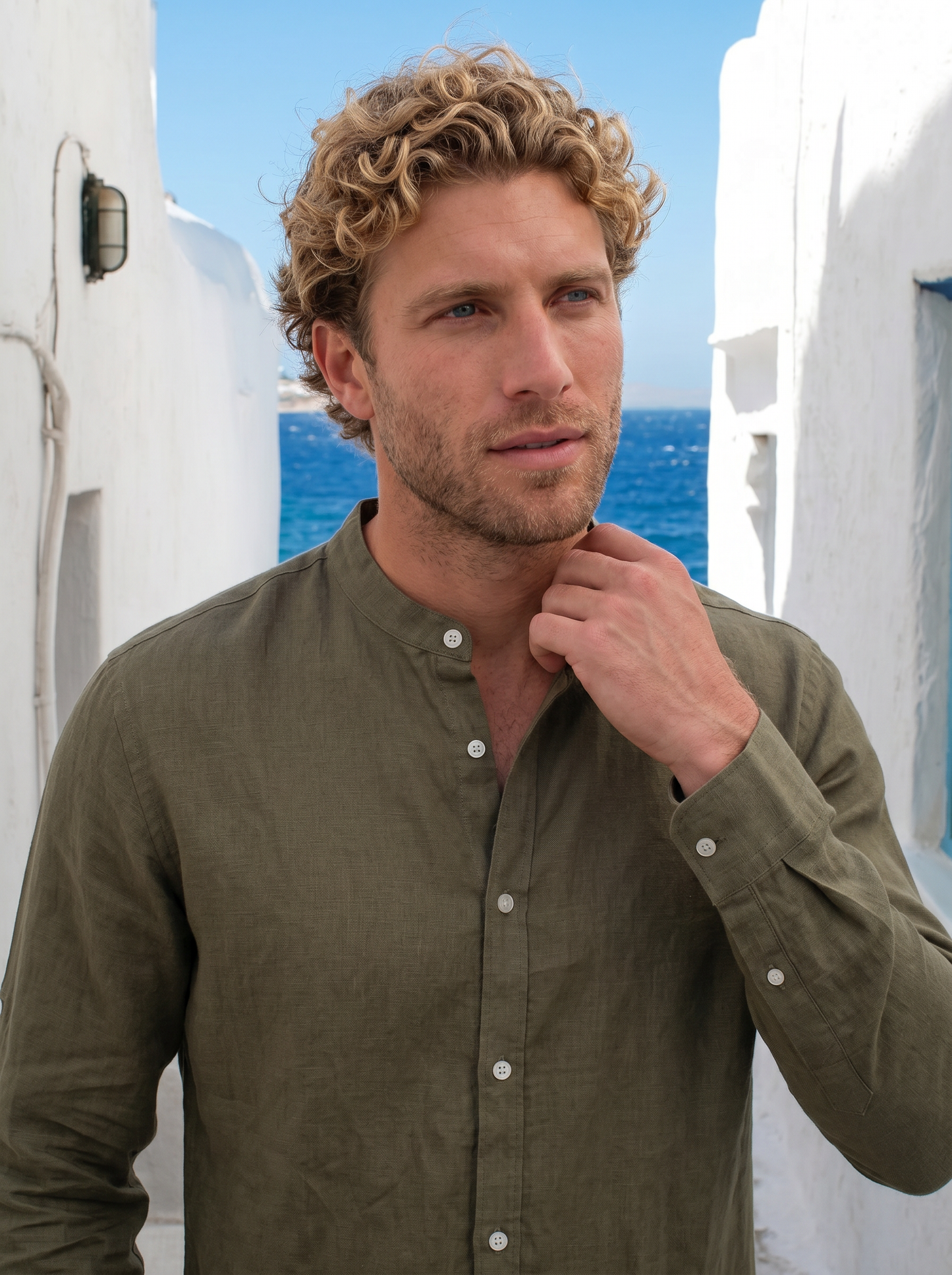 Man's 100% linen korean collar shirt - Green