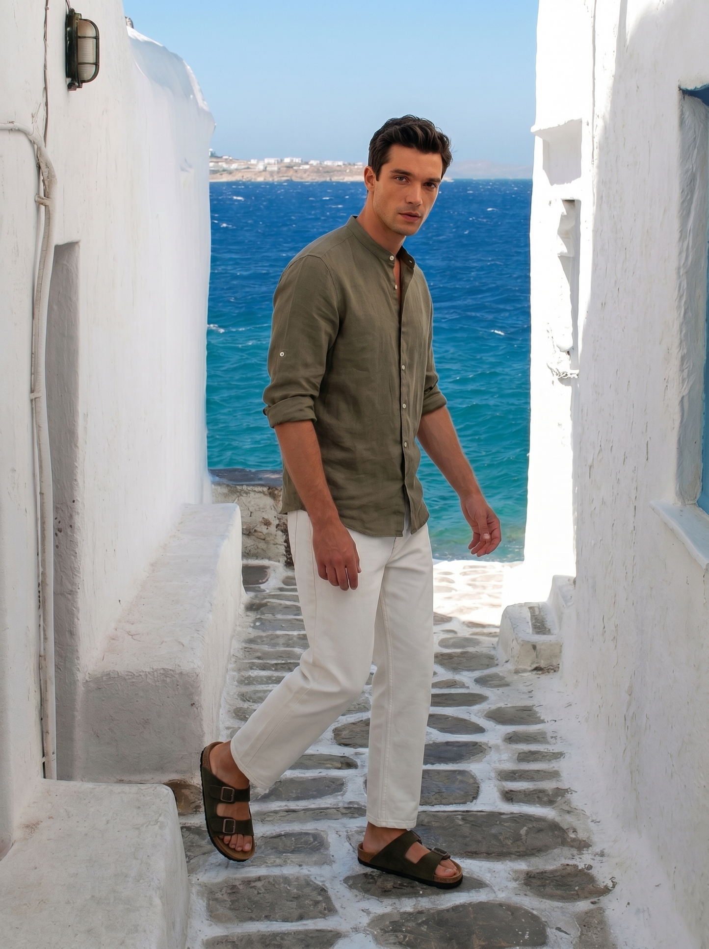 Man's 100% linen korean collar shirt - Green