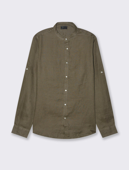 Camicia coreana 100% lino da uomo - Verde kaki