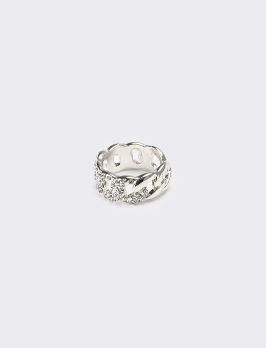 Anello con catena strass regolabile - Argento