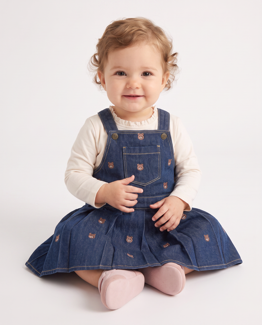 Salopette in denim con orsetti ricamati - Denim