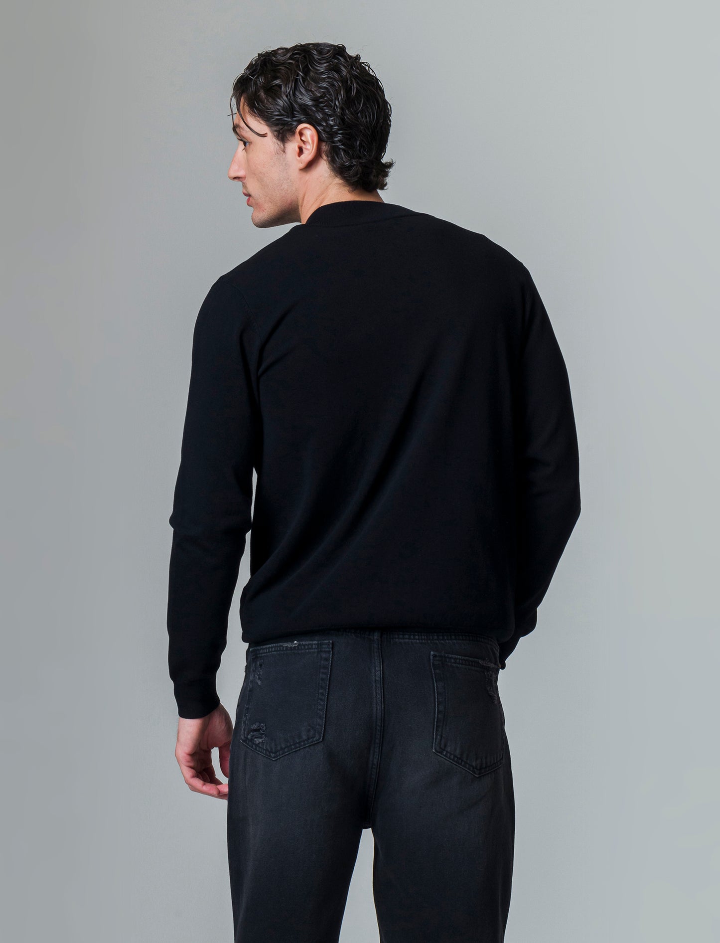 Maglia cardigan collo bomber in filato premium da uomo - Nero