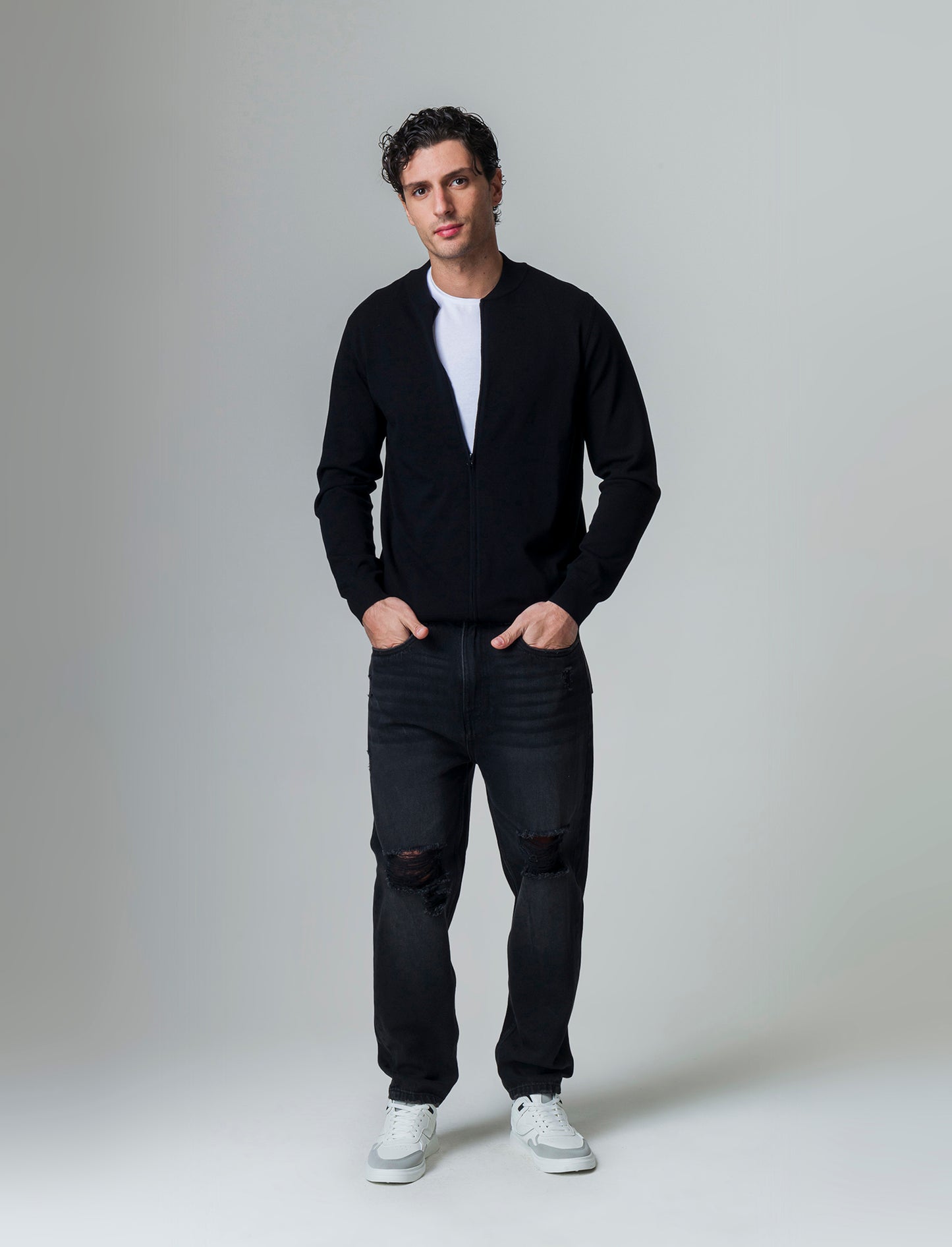 Maglia cardigan collo bomber in filato premium da uomo - Nero