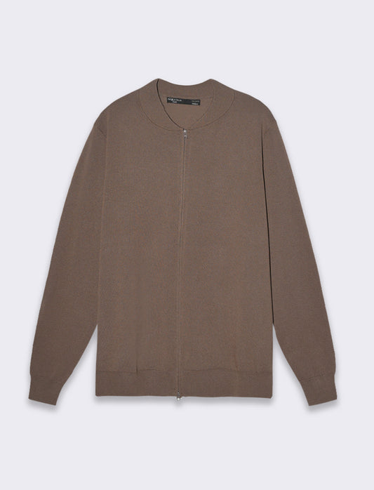 Maglia cardigan collo bomber in filato premium da uomo - Grigio fango