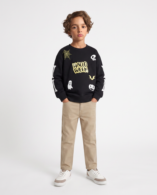 Halloween Crewneck Sweatshirt with Festive Prints - Black