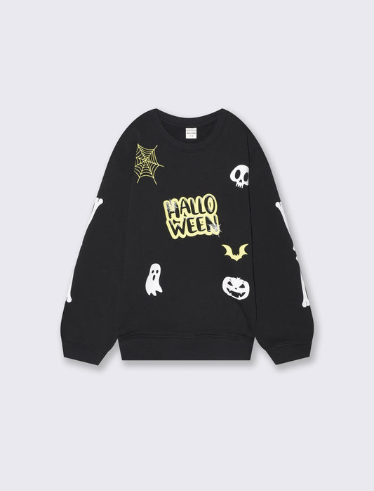 Halloween Crewneck Sweatshirt with Festive Prints - Black