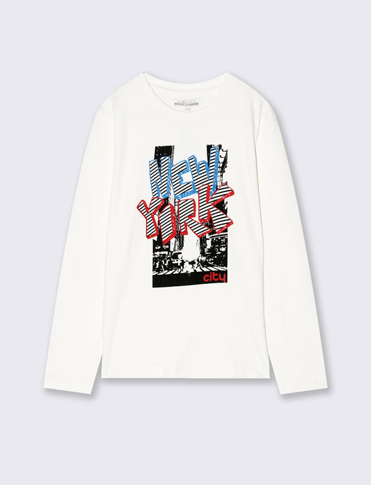T-shirt manica lunga in cotone con stampa - Bianco latte