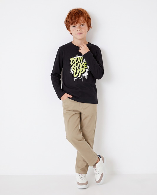 Long sleeve cotton t-shirt with print - Black