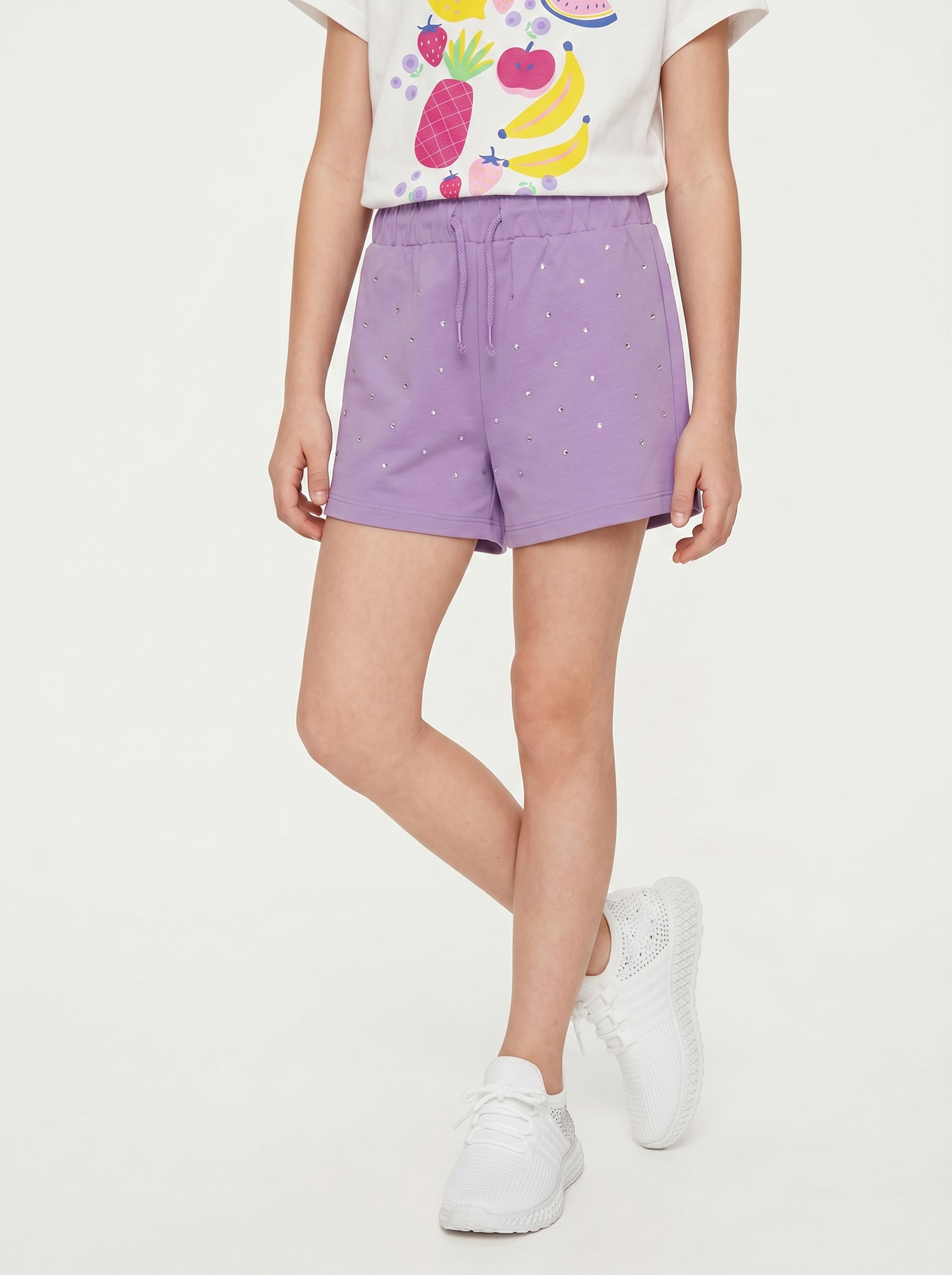 Short in french terry con strass e elastico - Lilla