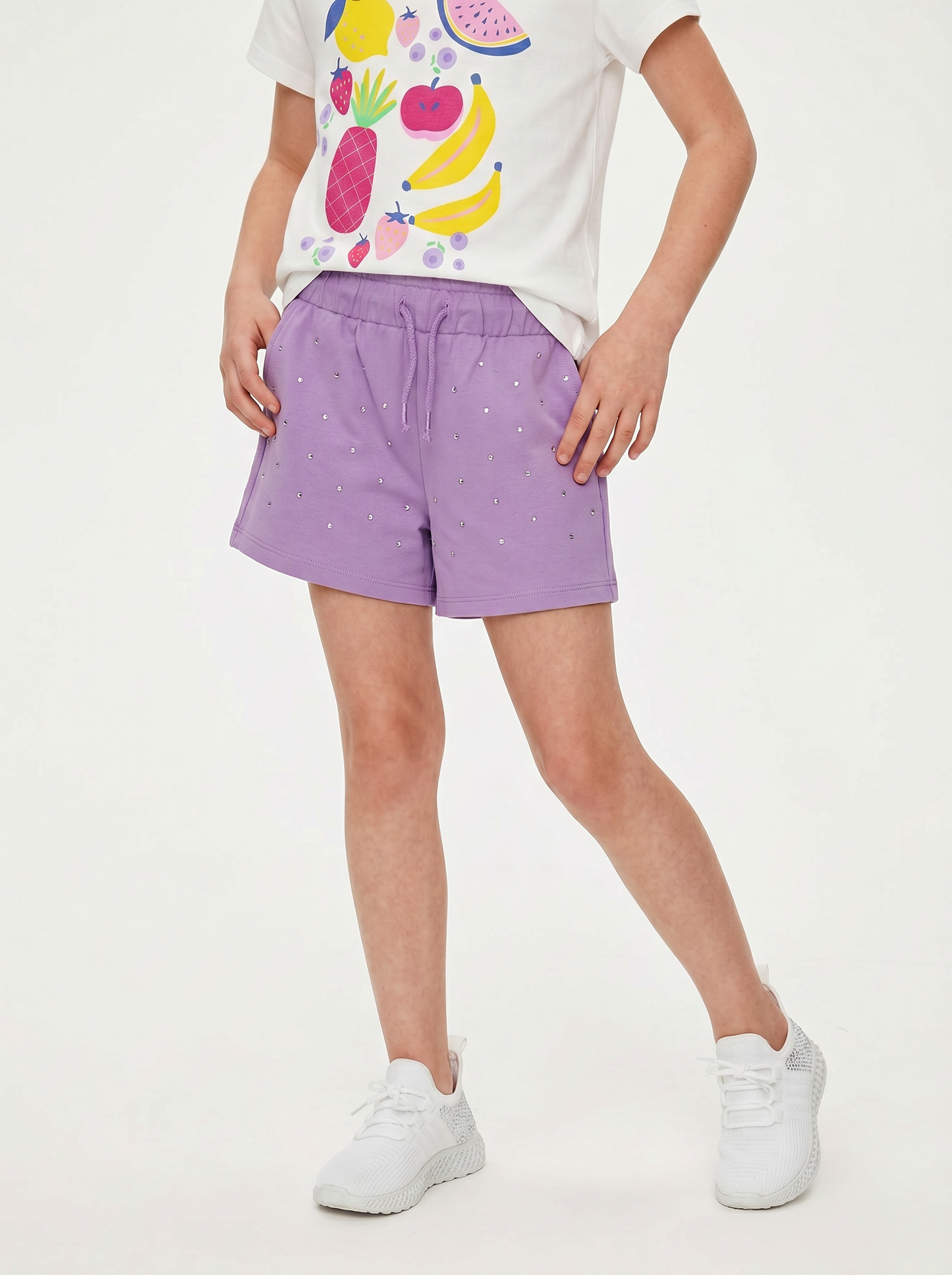 Short in french terry con strass e elastico - Lilla