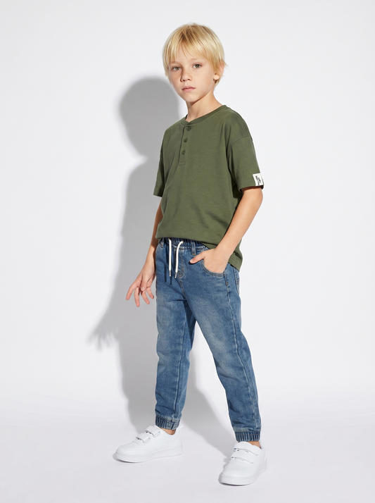 T-shirt Serafino in cotone mezza manica - Verde salvia