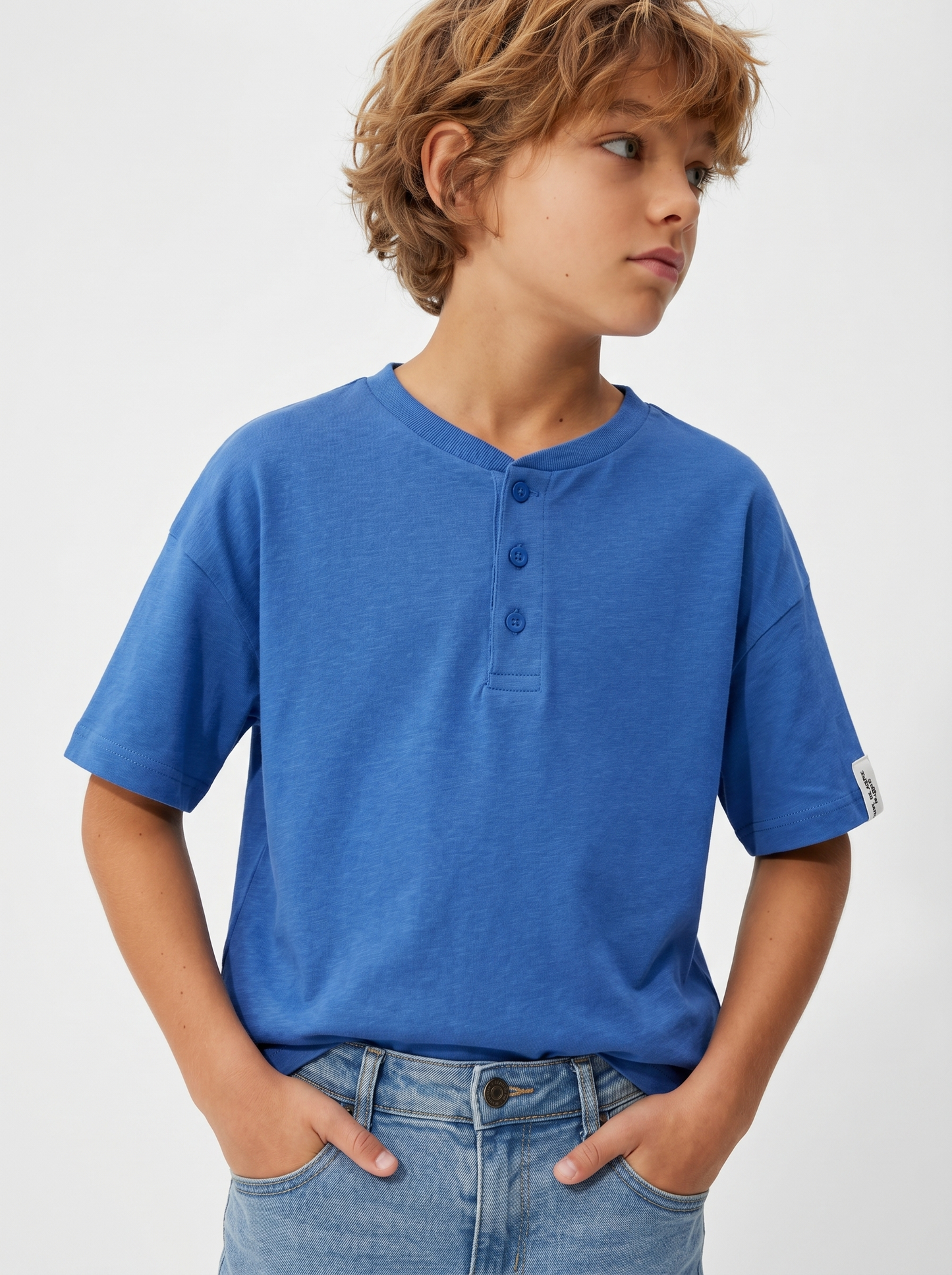 Cotton Half Sleeve Serafino T-shirt - Sky blue