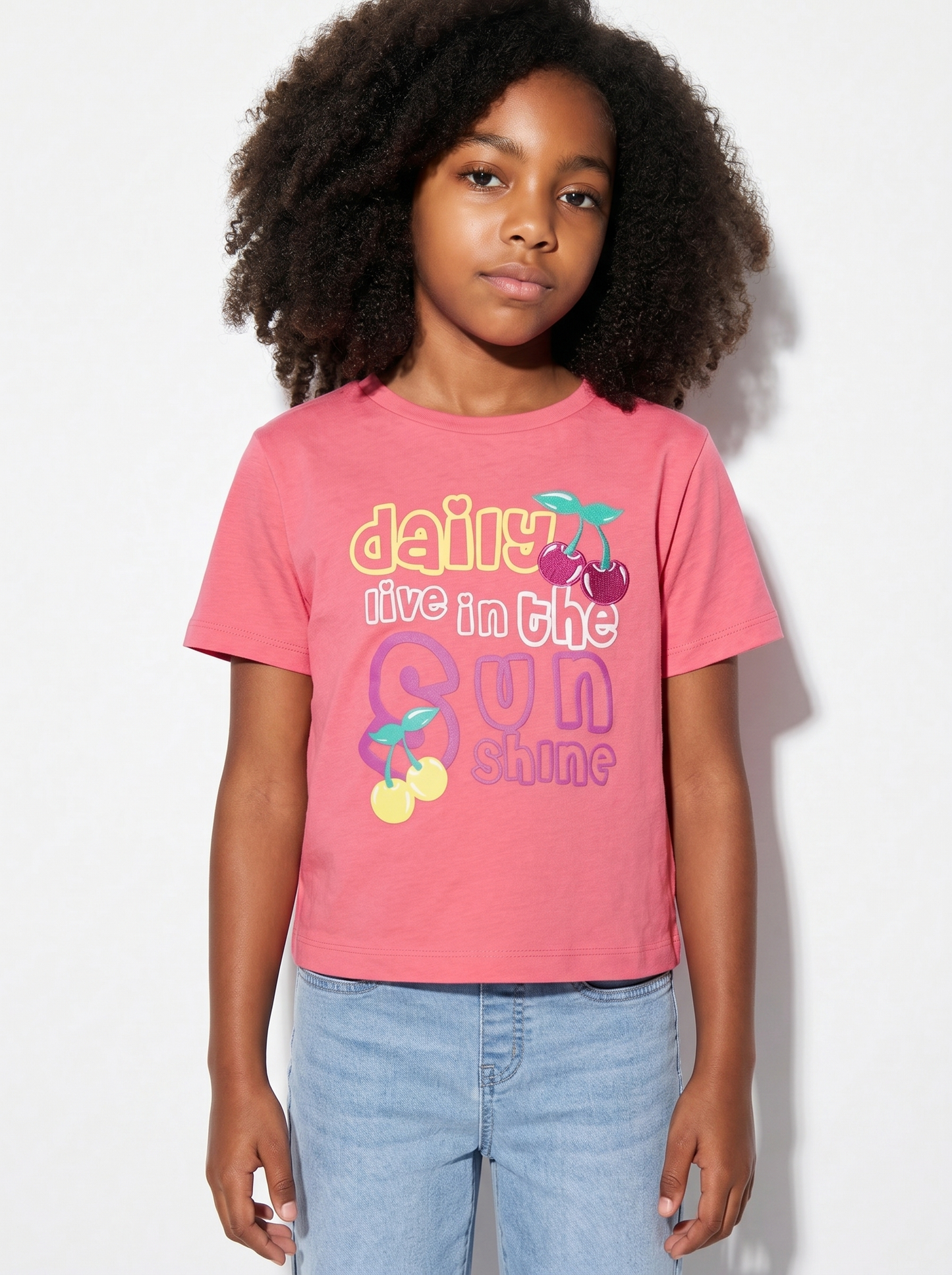 Girls' T-shirt with print and slits - Pink