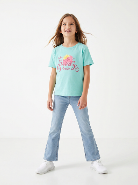 T-shirt bambina con stampa e spacchetti - Verde acqua