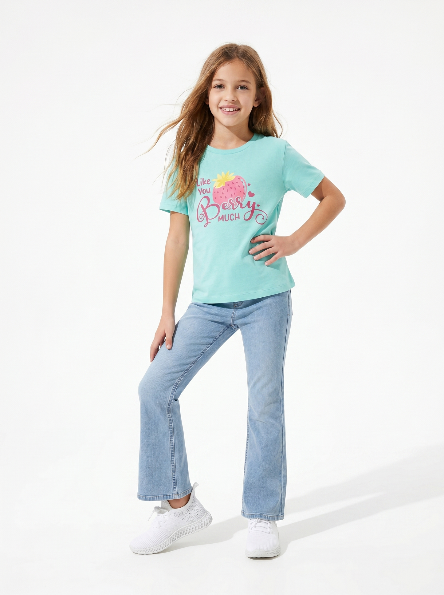 Girls' T-shirt with print and slits - Green