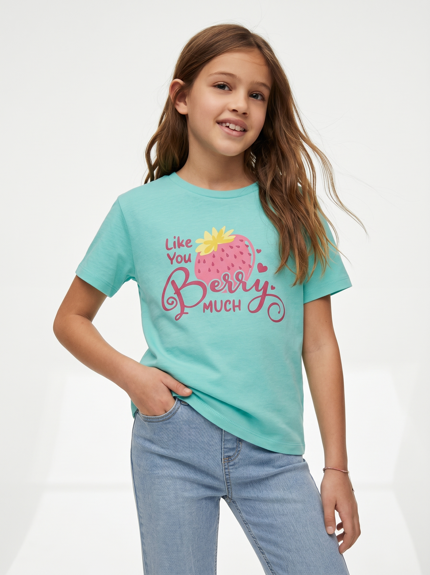 Girls' T-shirt with print and slits - Green