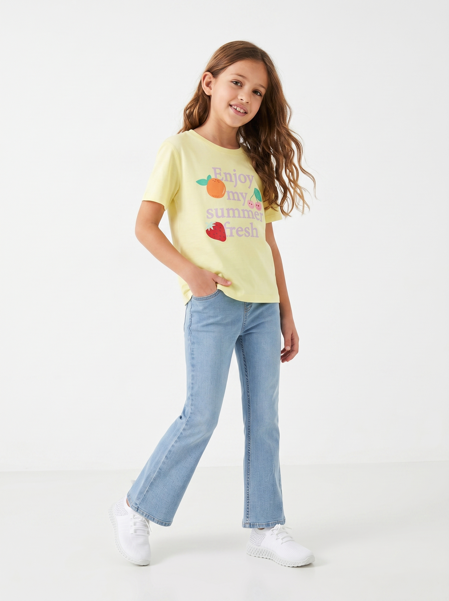 T-shirt bambina con stampa e spacchetti - Giallo