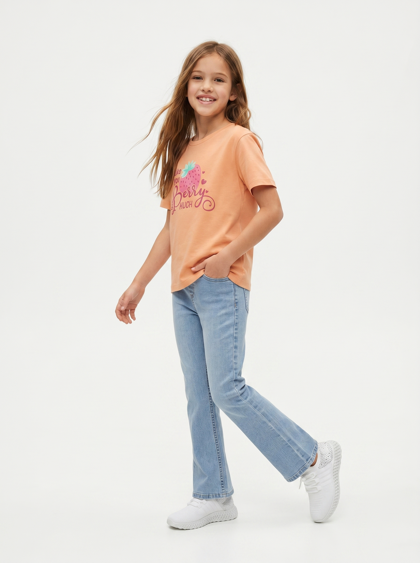 Girls' T-shirt with print and slits - Orange