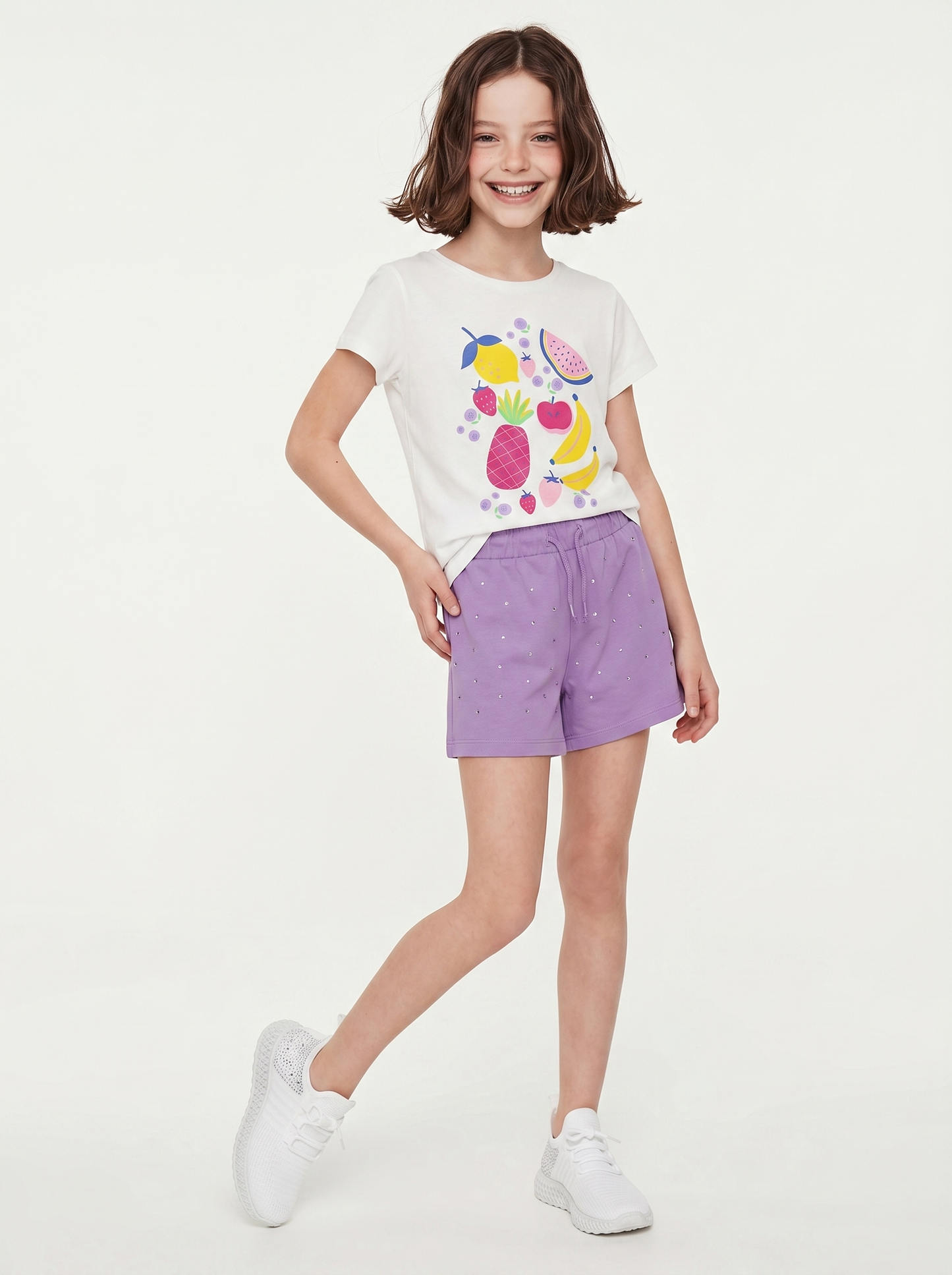 Summer T-shirt for girls with shiny print - White