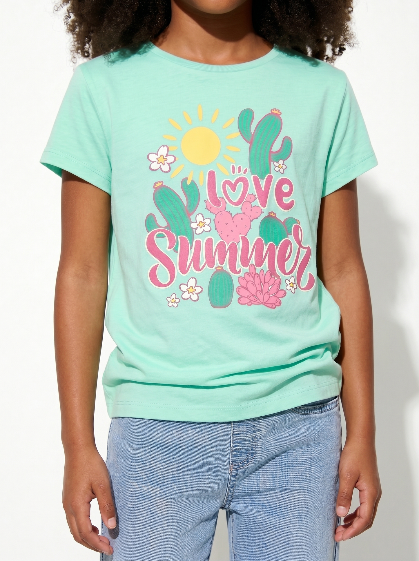 Summer T-shirt for girls with shiny print - Green