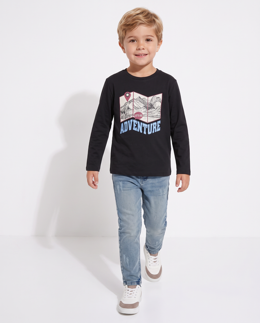 Long Sleeve Printed Cotton T-Shirt - Black