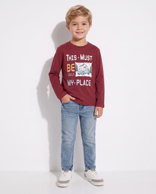 Long Sleeve Printed Cotton T-Shirt - Red