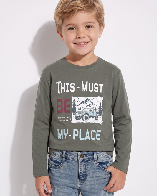 Long Sleeve Printed Cotton T-Shirt - Green