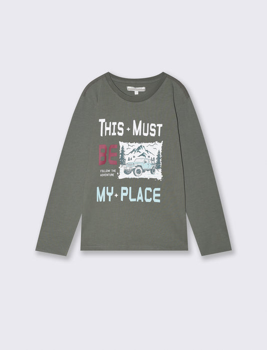 T-Shirt Manica Lunga in Cotone Stampata - Verde militare