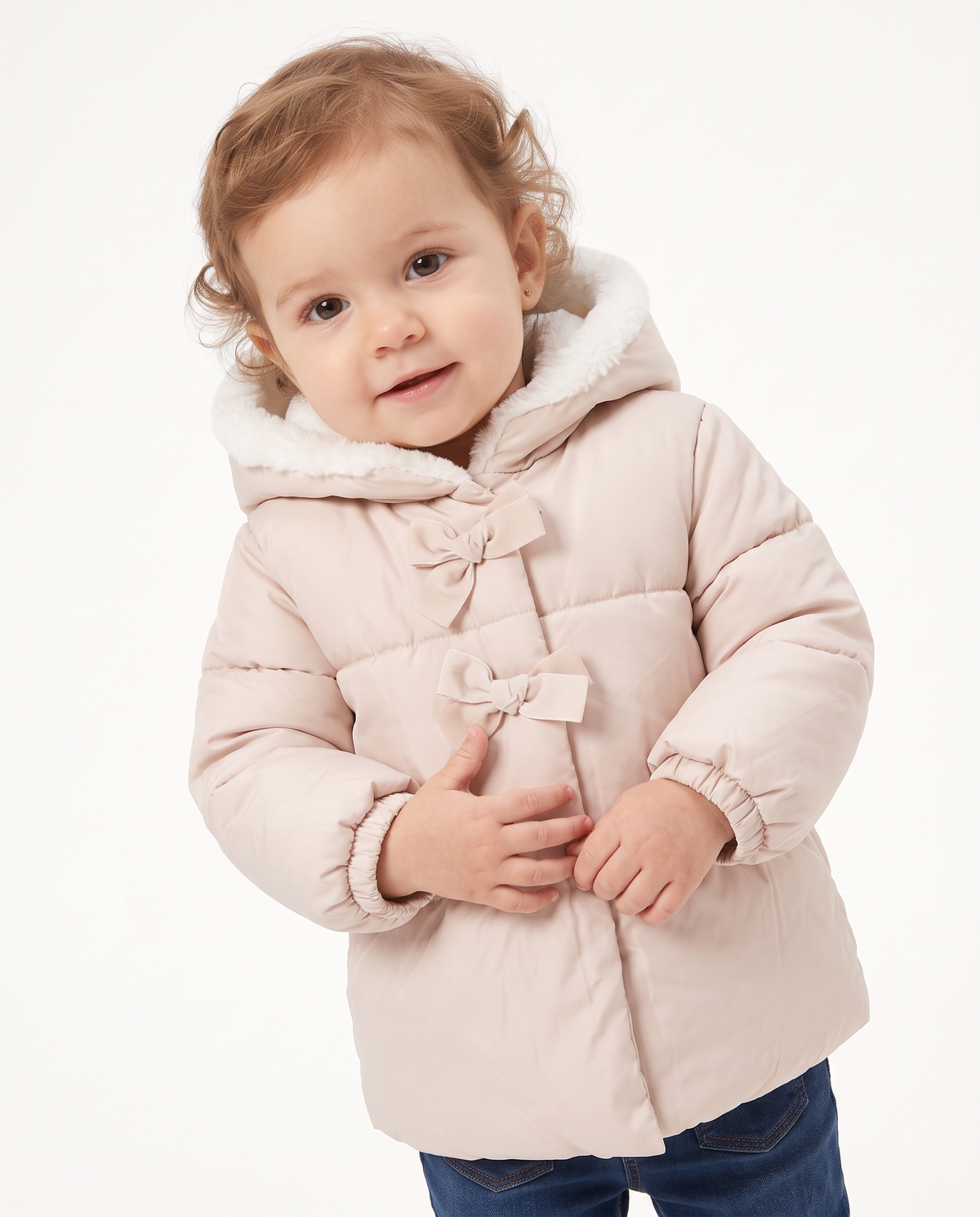 Warm jacket with bows and hood - Beige