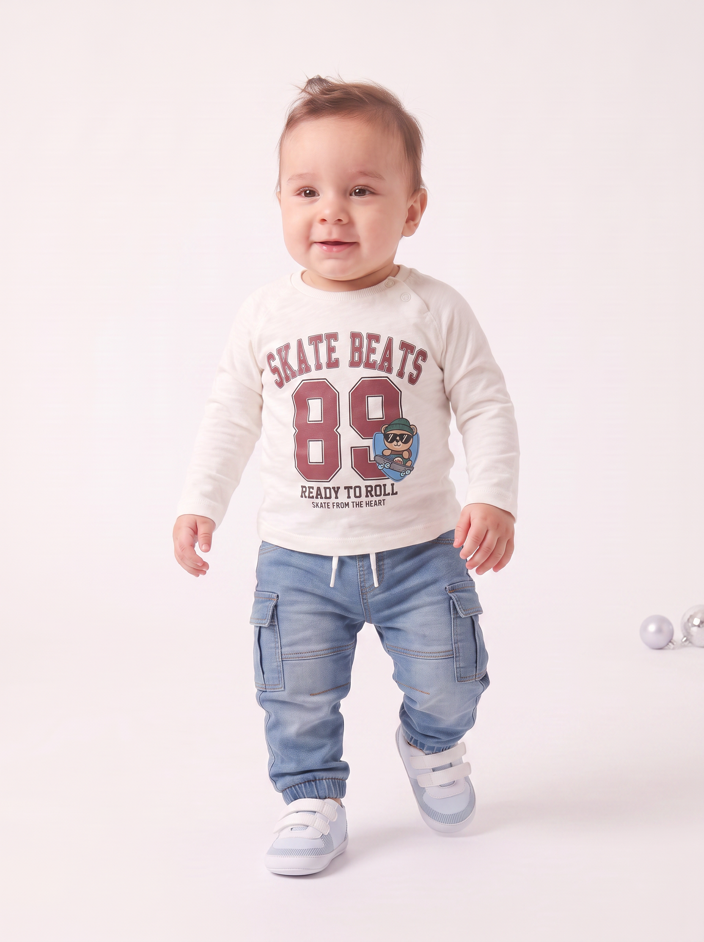 T-shirt neonato manica raglan con stampa - Bianco latte