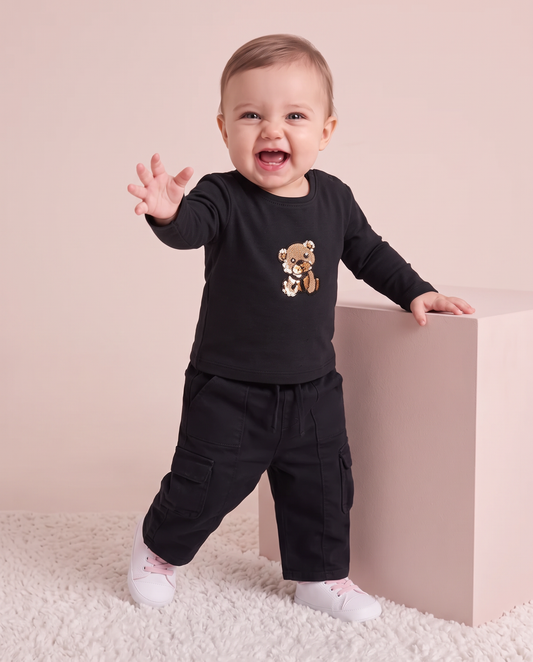 Long sleeve T-shirt with embroidered teddy bear - Black