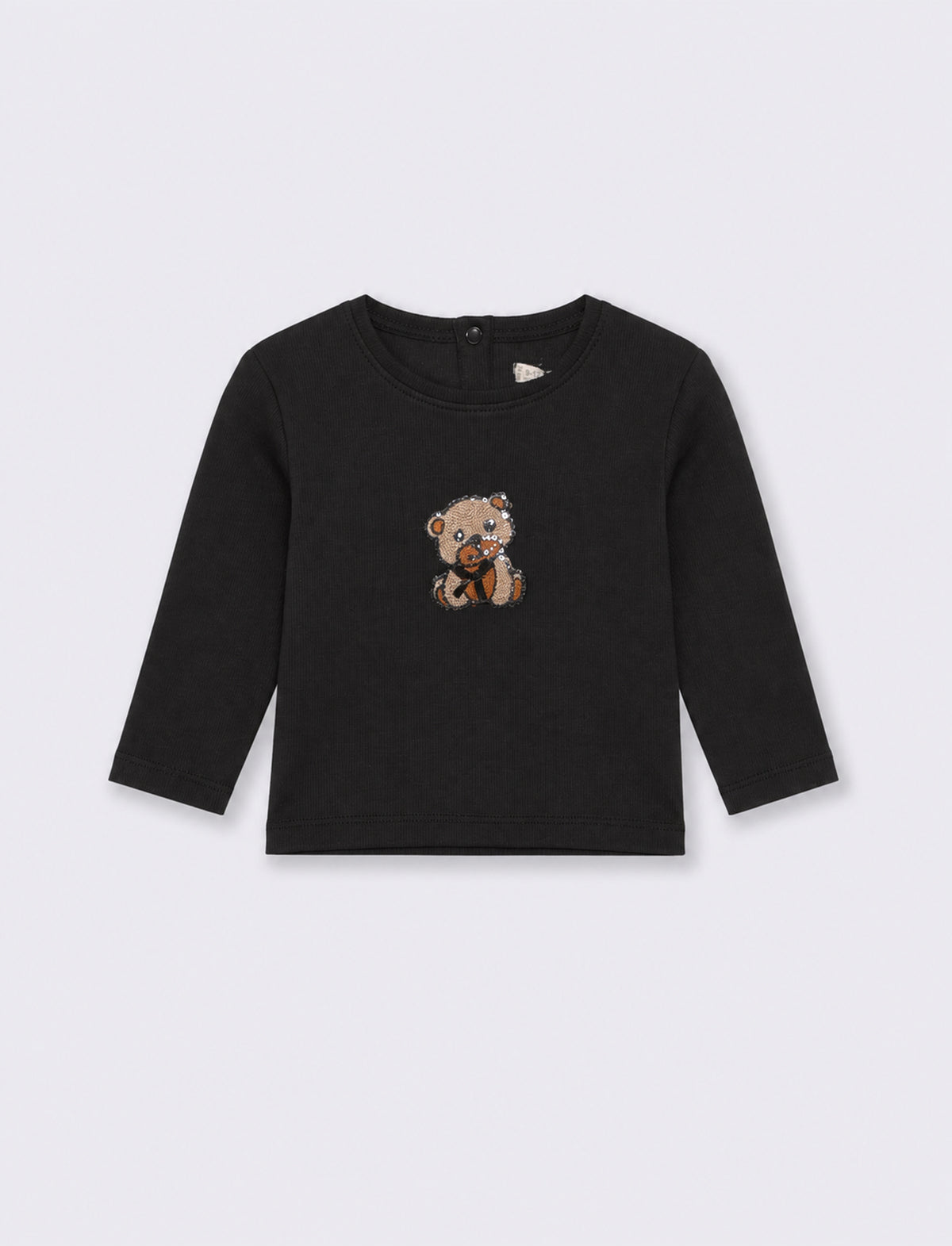 T shirt manica lunga con orsetto ricamato - Nero