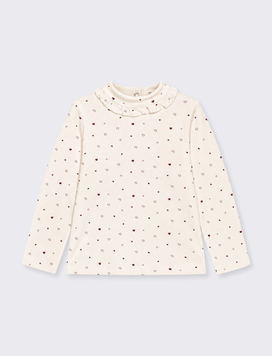 Patterned T-shirt with ruffles at the collar - White