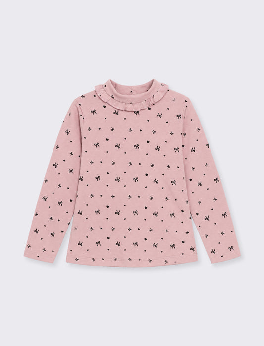 Patterned T-shirt with ruffles at the collar - Pink