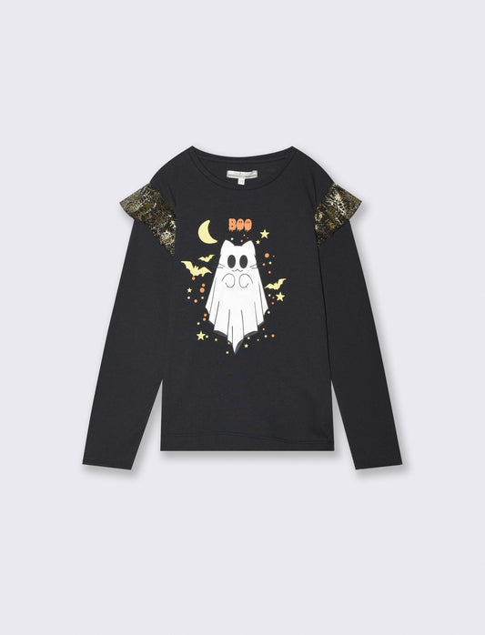 T-shirt Halloween con stampa e maschera - Nero