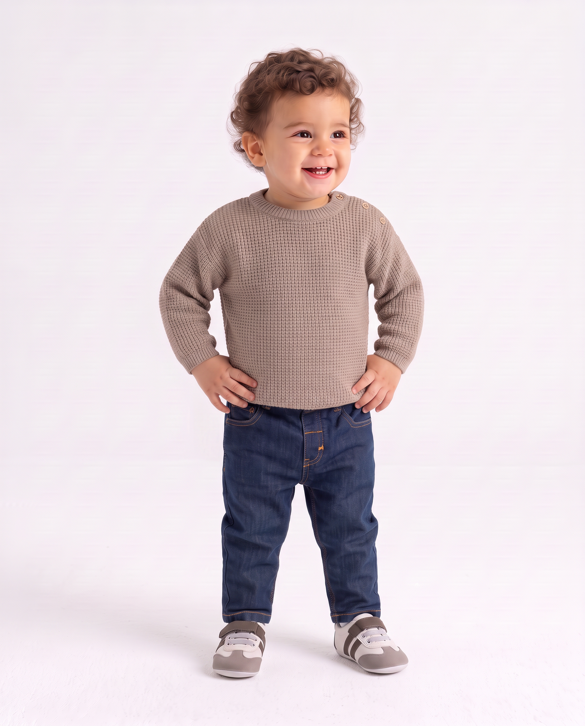 Striped crew neck sweater with buttons - Beige