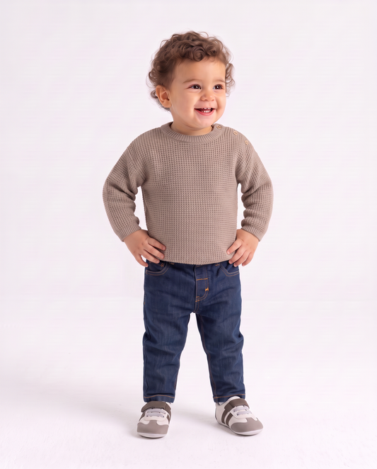 Striped crew neck sweater with buttons - Beige