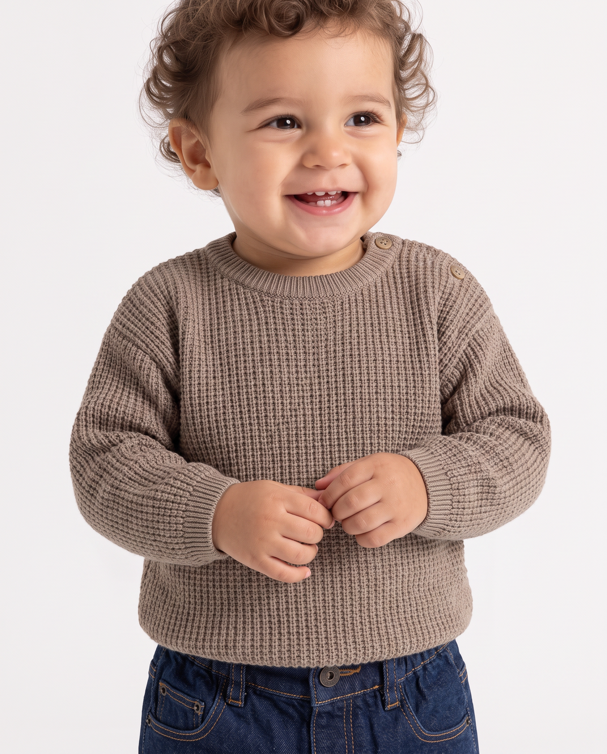 Striped crew neck sweater with buttons - Beige