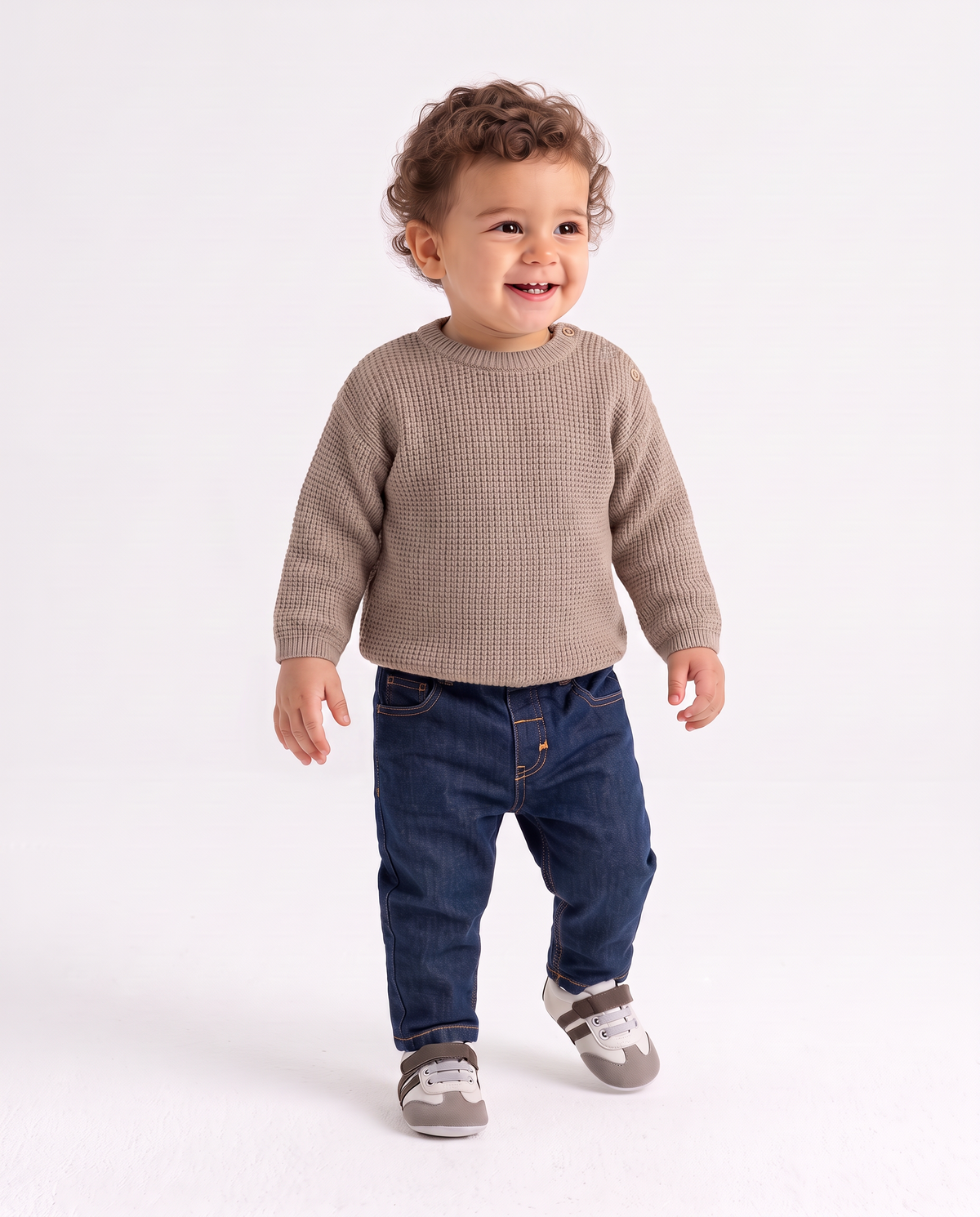 Striped crew neck sweater with buttons - Beige