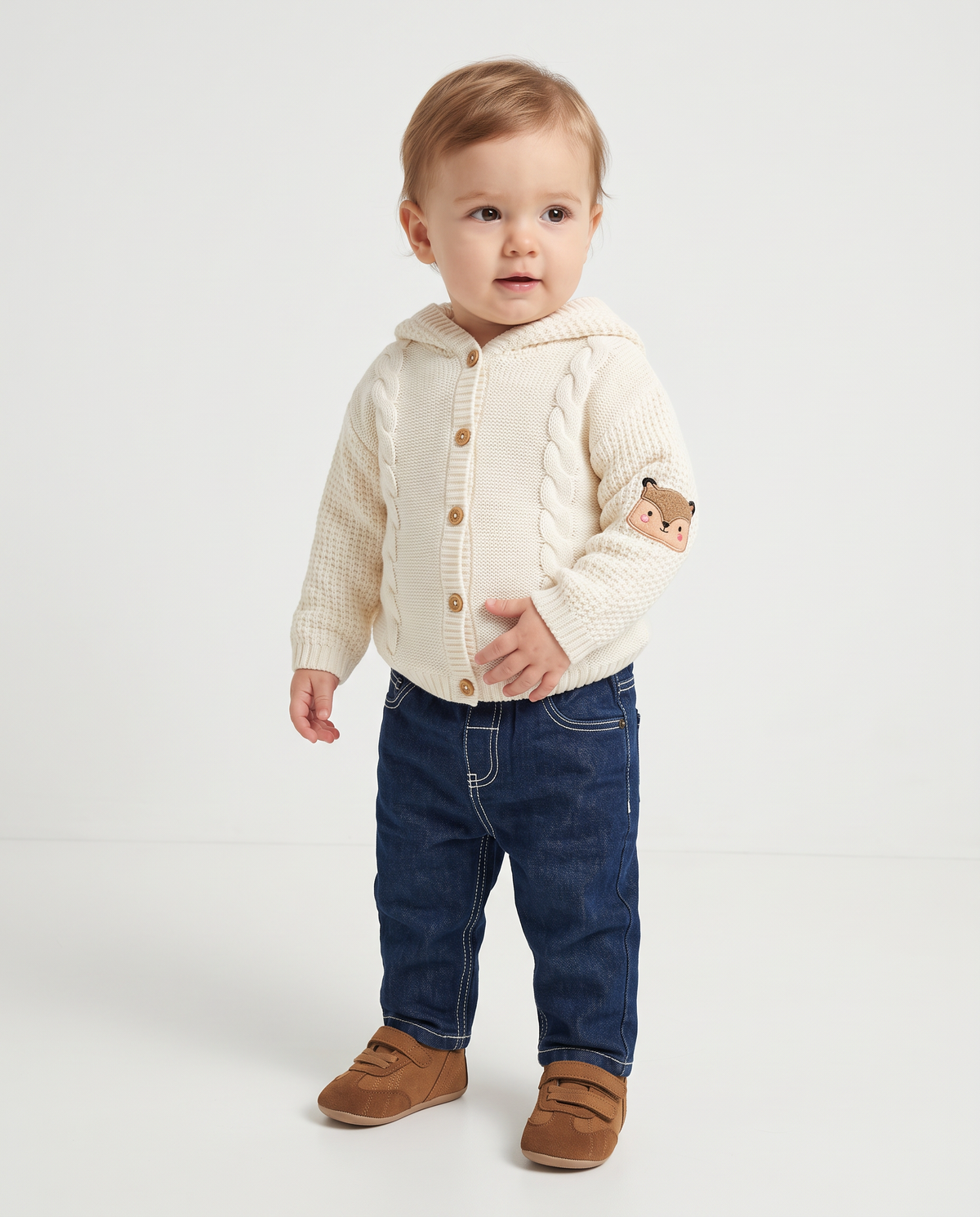 Hooded cardigan with decorative braids - Beige