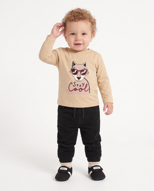 Crew neck T-shirt with print and embroidery - Beige