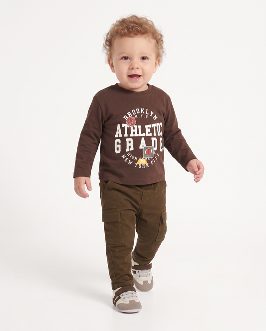 Long sleeve crew neck college t-shirt - Brown