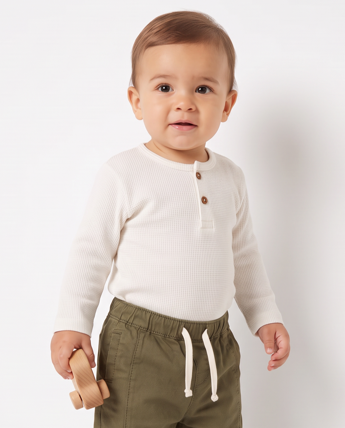 Waffle long sleeve henley t-shirt - White