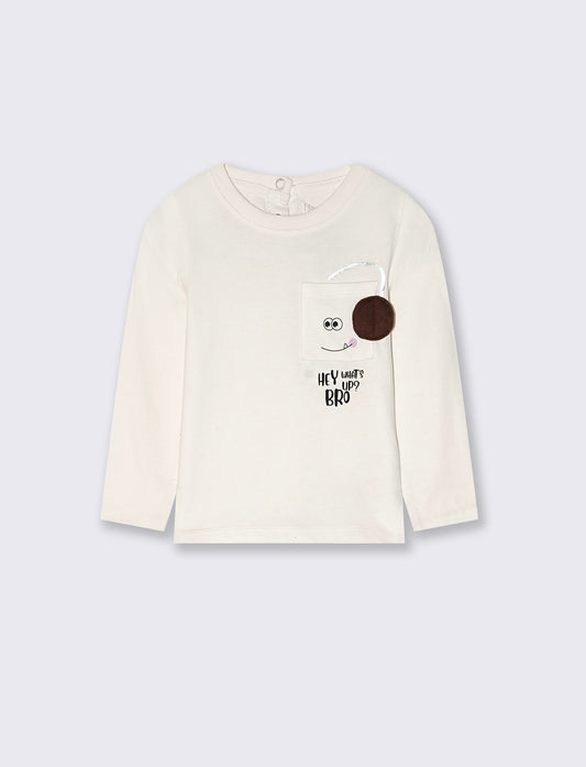 T-shirt girocollo con taschino e applicazione - Bianco latte