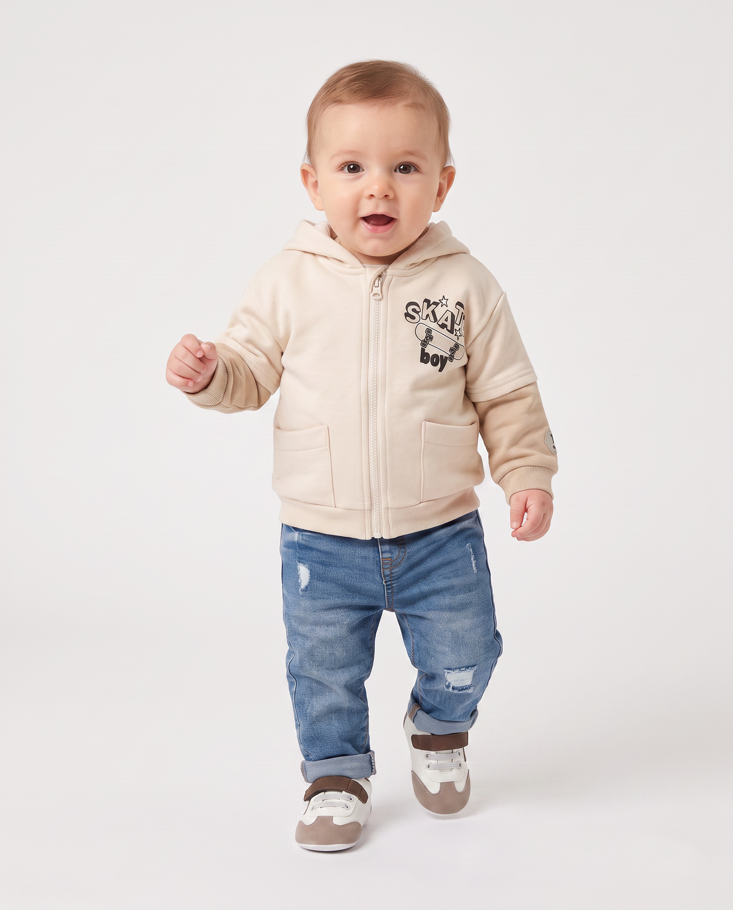 Felpa con cappuccio e doppia manica - Beige