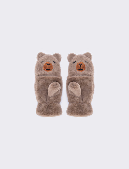 Faux fur animal print gloves for girls - Beige