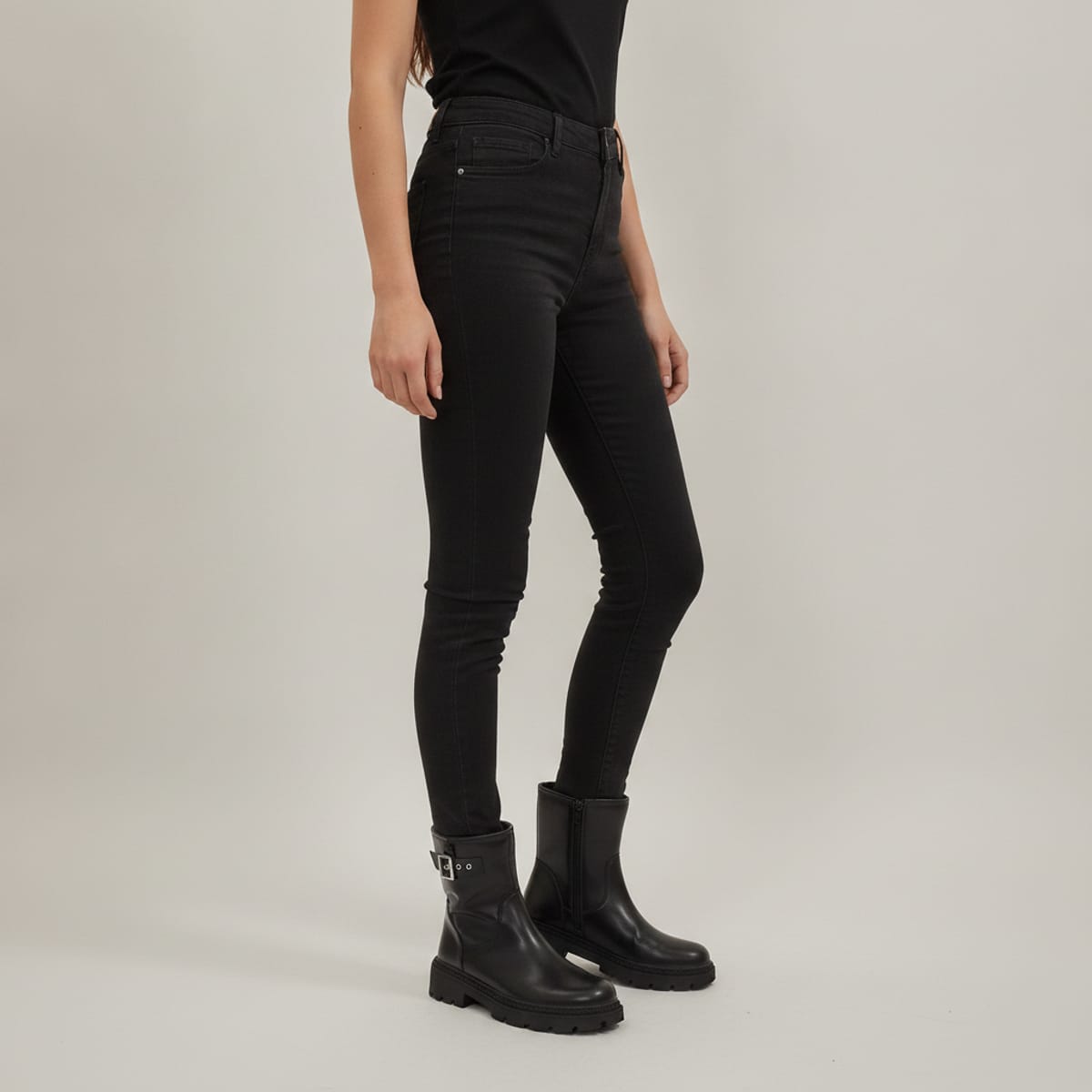 Black polyurethane ankle boot with buckle - Black
