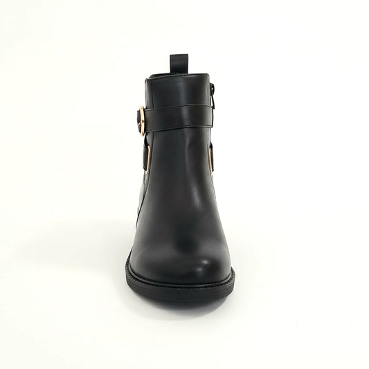 Black Ankle Boot with Buckle and Plate - Black