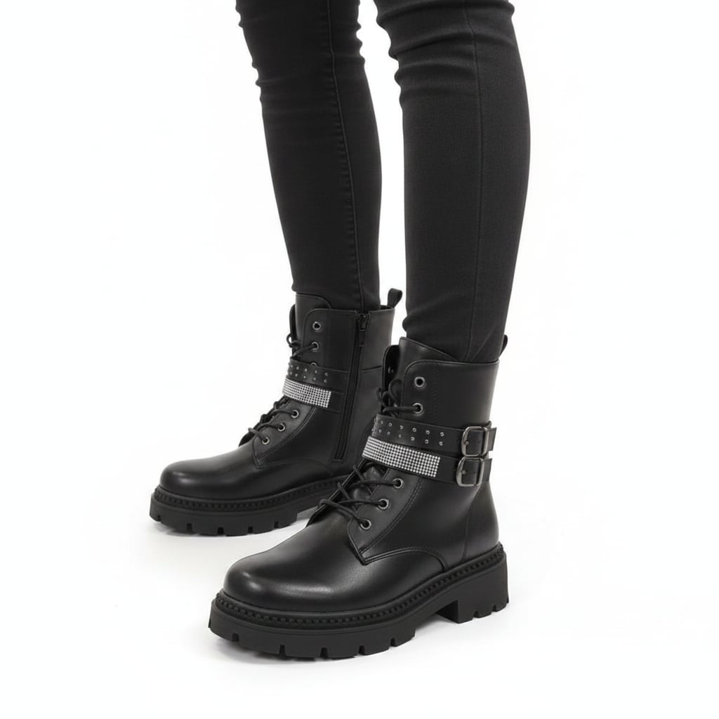 Anfibio nero con fibbie e strass - Nero